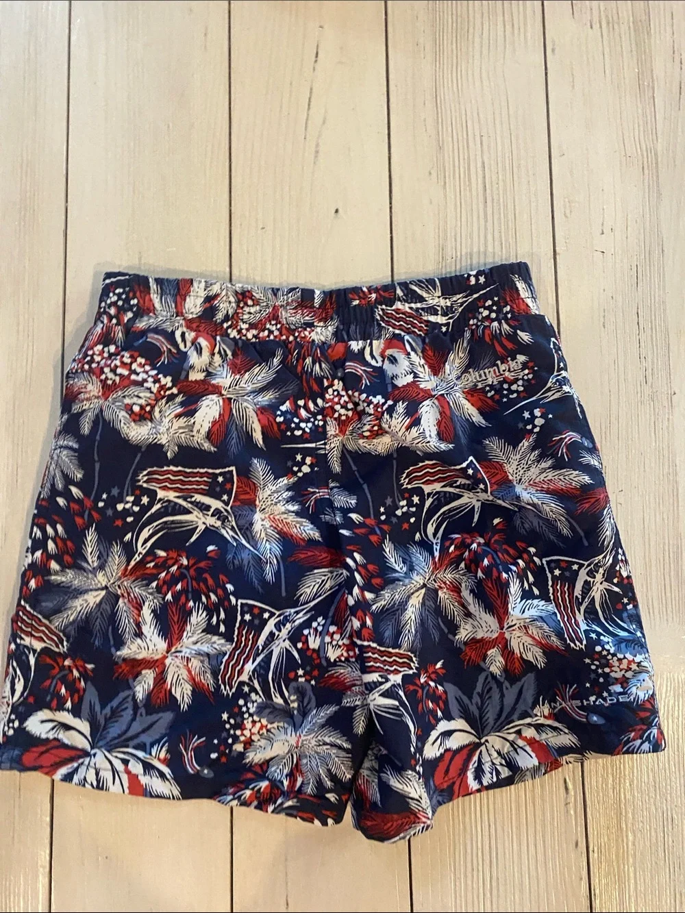 Columbia Navy Swim Trunks with Red and White  Print